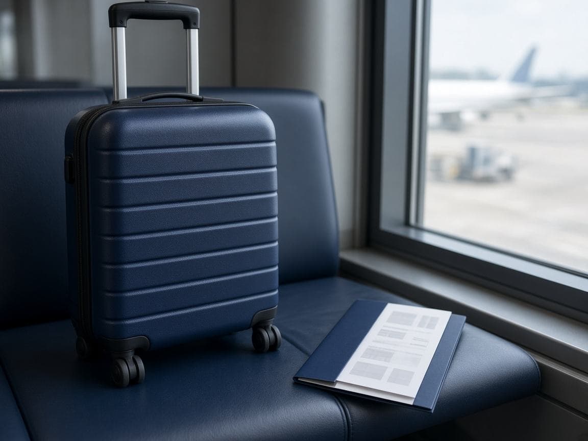 A suitcase in an airport, ready for a trip abroad